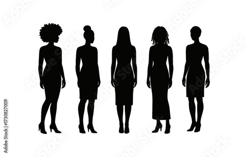 Diverse women silhouettes standing in stylish poses on white background
