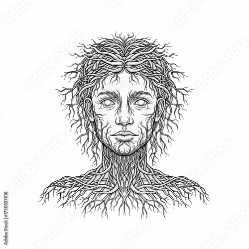 Mystical woman with tree root hair and veins, a spiritual concept of Mother Nature. Black and white detailed line art illustration