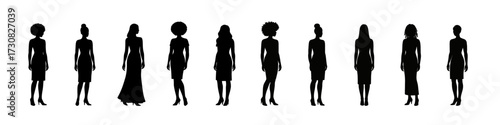 Diverse female silhouettes in various fashion outfits on a white background