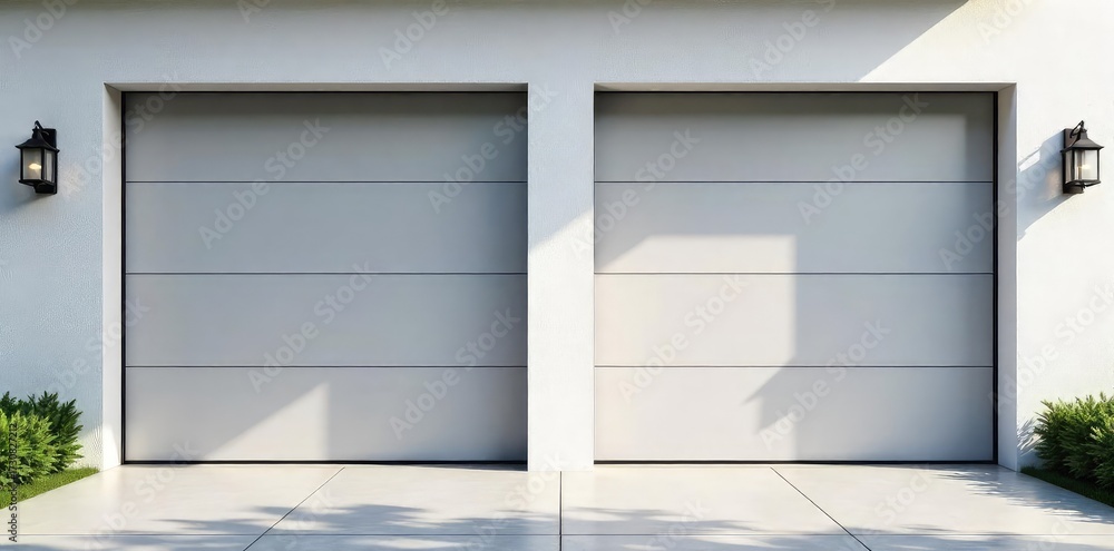 Fototapeta premium Modern double garage doors, sleek and stylish, open wide to reveal a clean, empty interior Perfect for home improvement, real estate, or architectural projects , sleek, contemporary, security