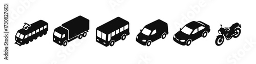 Isometric transportation icons: car, bus, truck, motorcycle, tram silhouettes