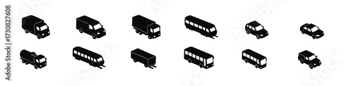 Isometric black silhouette of various vehicles on white background