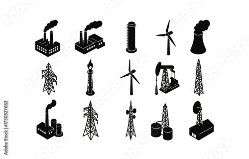 Isometric energy icons: industrial, renewable, and fossil fuel elements in black silhouette