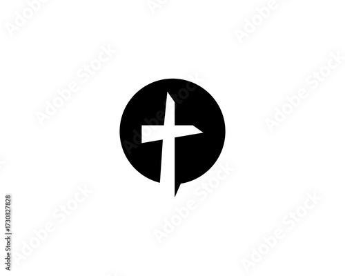 black and white cross logo icon with a circle surrounding it