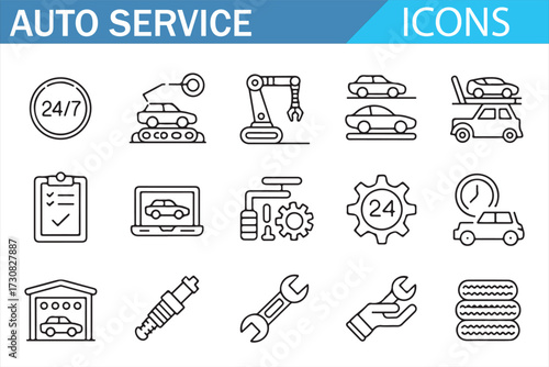 Auto Shop Icons — Thin Line Symbols of Tools, Lifts, Robots, Conveyor, Service List