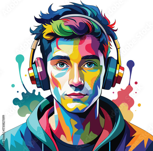 Vibrant Pop Art Vector Portrait of a Man with Headphones and Multicolor Splashes