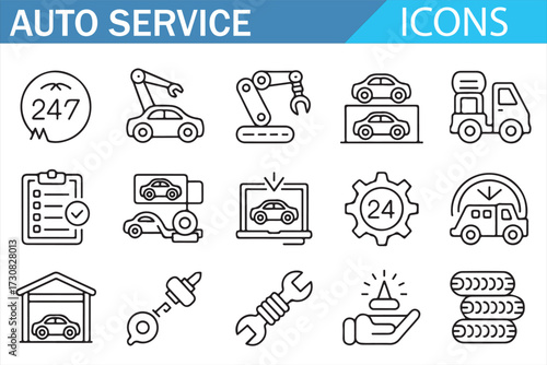 Auto Service Icons — Line Outline Set of Car Repair, Maintenance, Garage, Mechanic, Diagnostics, Tow Truck, Car Wash, Assembly Robots, Parts, Wrench, Gear, Piston, Shock, Lift, Schedule, 24h Support