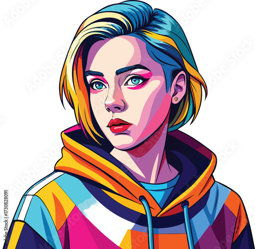 Multicolor Geometric Pattern Hoodie Vector Portrait of Young Woman