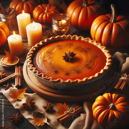 Pumpkin pie on wooden table, candles and cinnamon nearby, autumn coziness