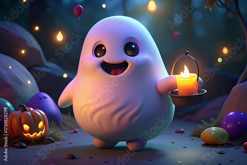 Cute ghost holding candies, smiling, glowing lantern nearby