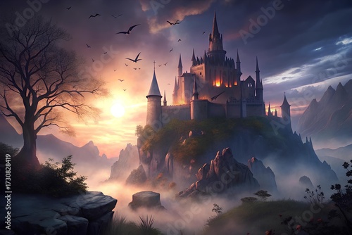 Mysterious castle on hill in mist, bats in the sky, sunset