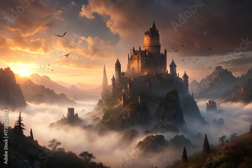 Mysterious castle on hill in mist, bats in the sky, sunset