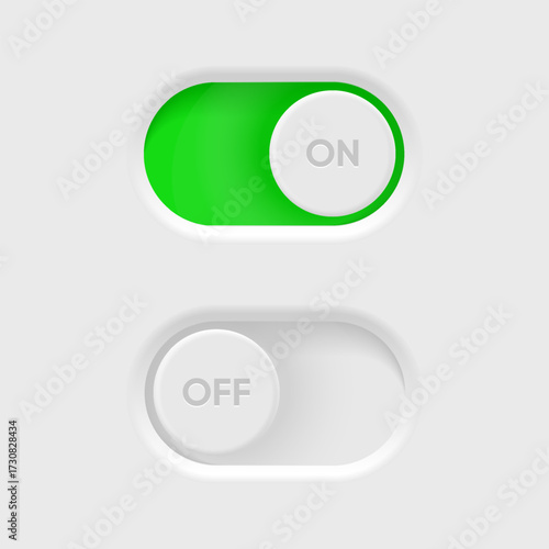 3d On and Off toggle switch icons. Switch toggle buttons ON OFF. Material design switch buttons set. Open and close ui icons. Active and Inactive icon. Stock Vector.