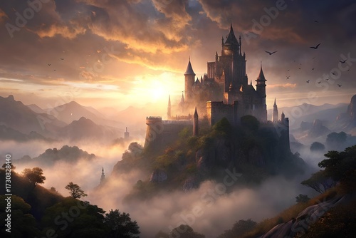 Mysterious castle on hill in mist, bats in the sky, sunset