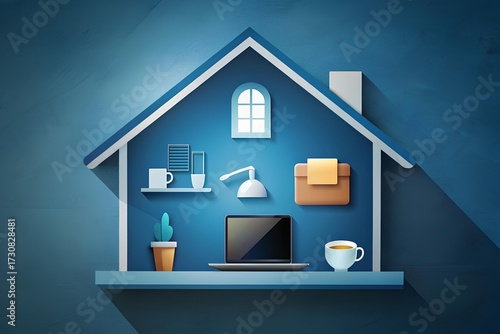 Office icon shaped like a house, with laptop, coffee and lamp — remote work concept