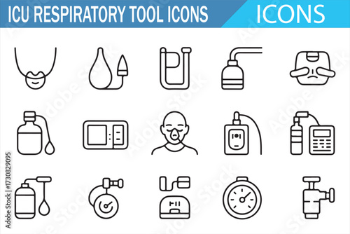 Breathing Therapy Devices — Thin Line Icon Pack of Airway Tools, Tubing, Masks and Monitors