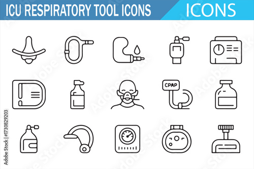 Hospital Respiratory Care Icons — Outline Pack of CPAP, BiPAP, Ventilator, Oxygen Mask, Cannula, Nebulizer, Ambu Bag & Airway Tools