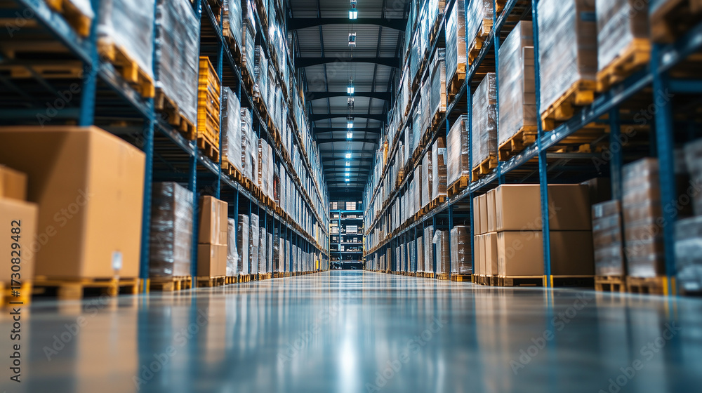 Fototapeta premium Industrial Warehouse Interior with High Shelving and Storage Logistics Perspective
