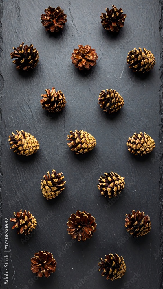 Fototapeta premium Gold and brown pinecones on dark slate