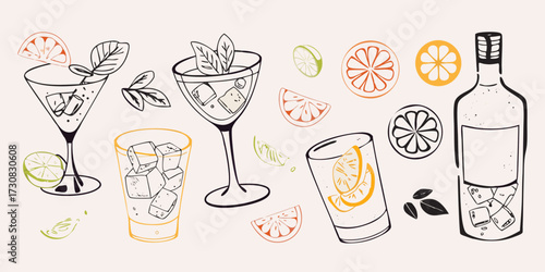 Hand drawn cocktail illustrations with citrus slices and ice cubes on a light background