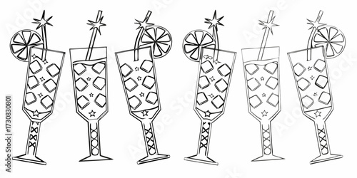 Collection of six hand drawn outline cocktail glasses filled with ice and garnished with lemon slices and straws