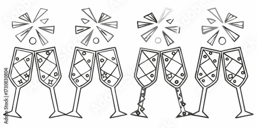 Four hand drawn champagne flutes clinking together with festive sparkles and geometric patterns