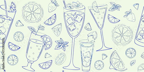 Refreshing summer drinks and citrus fruits hand drawn sketch pattern on light background