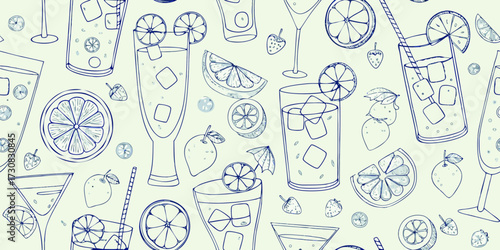 Hand drawn sketch style pattern of refreshing summer drinks with citrus fruits and strawberries