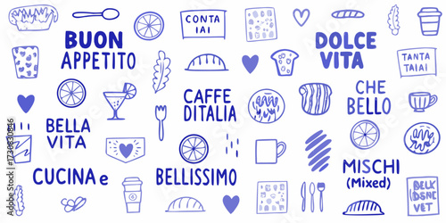 Hand drawn italian phrases and food icons in blue ink on white background