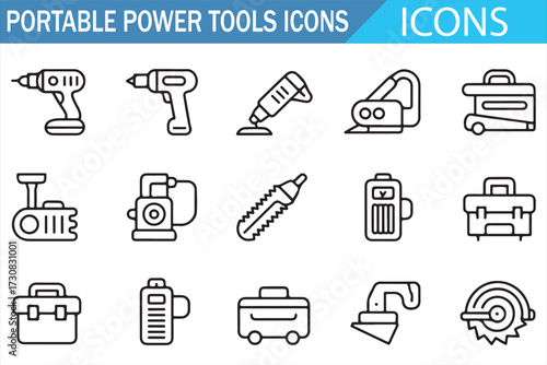 Portable electric tools—thin stroke vector set for workshop and jobsite equipment