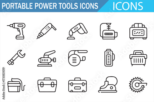 DIY and carpentry icons—outline handheld power tools with circular saw and jigsaw