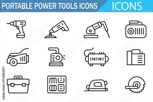 Construction tool symbols—clean vector icons for cutting, sanding, grinding, and drilling