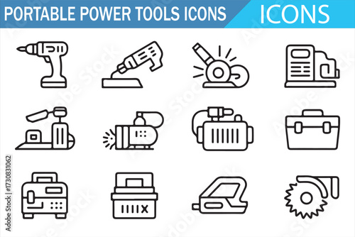 Line icons of portable power tools—drill, grinder, sander, jigsaw, planer, compressor, generator, toolbox