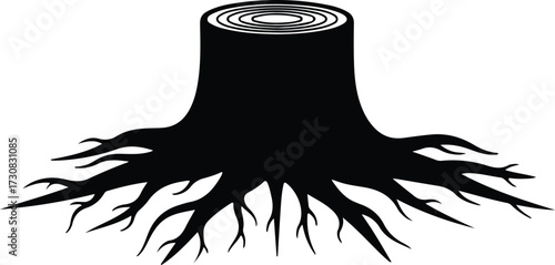 Vector Tree stump silhouette with roots underground in black and white Illustrator