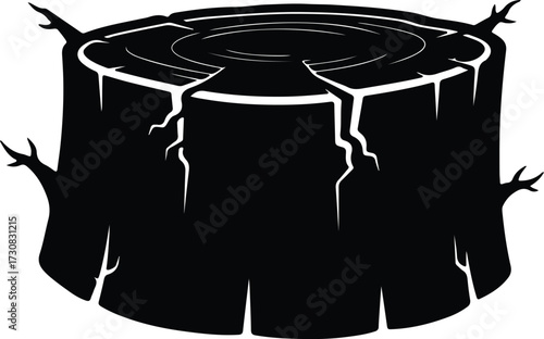 Vector Tree stump with cracked surface in black silhouette Illustrator