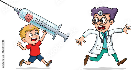 Cartoon, boy with syringe, doctor running, humorous illustration, exaggerated scene, medical humor, playful art, chase, fear, funny, comic, injection, panic, oversized object, child, healthcare, 