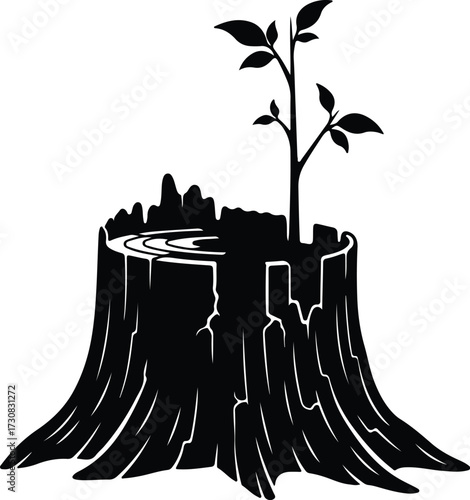 Vector Tree stump with new growth sprouting silhouette Illustrator