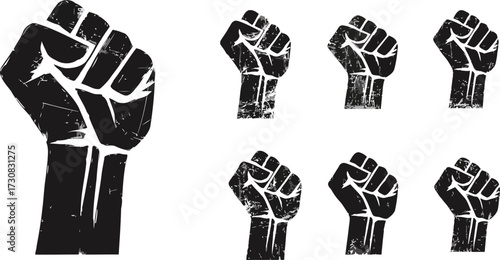 Graphic Raised Fists—Emblem of Strength, Rights, and Social Justice; Set of Raised Black Fists Illustration—Powerful Symbol of Strength, Unity, and Resilience