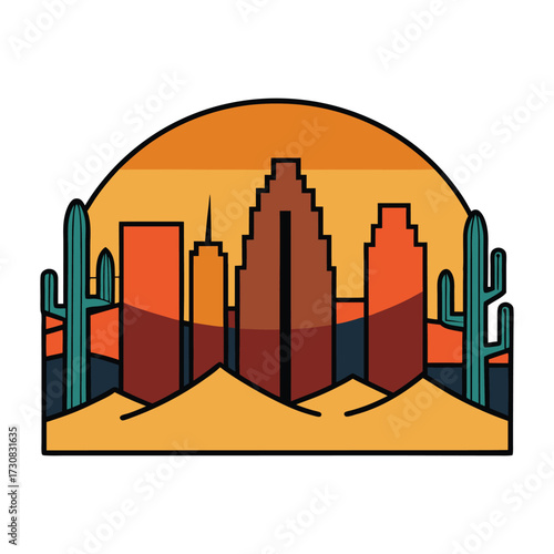 Arizona’s skyline glows as the sun sets, painting the desert city in warm golds and pinks, with silhouetted buildings and distant mountains creating a serene view.
