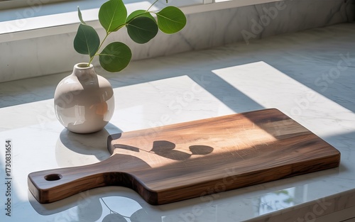 Rustic wooden cutting board with delicate plant in sunlight by window