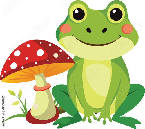 A cheerful green cartoon frog sits next to a large red and white spotted mushroom against a plain background