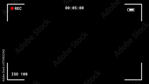 camera overlay with recording frame and top-center timer, style HUD for video with ISO, REC icon, black screen, and timestamp in upper center