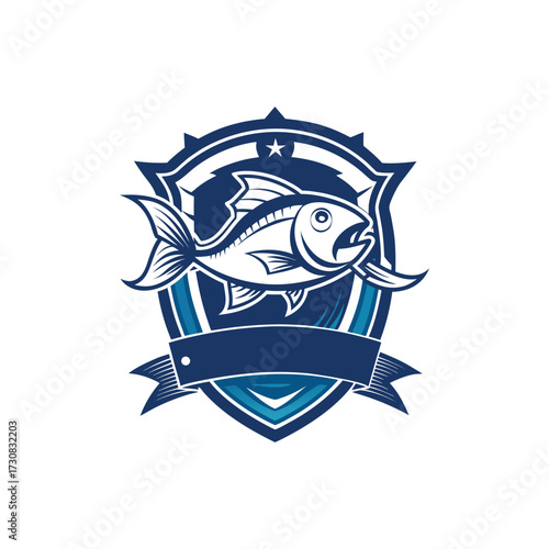 A bold blue and white fish logo shows a powerful tuna set against a shield emblem with a star and a blank banner
