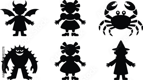 Silhouette Characters: A graphic compilation of whimsical silhouettes, featuring a devil, a crab, a monster, and more. Capturing the essence of creativity and imagination. 