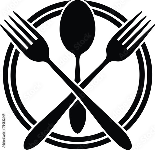 A black silhouette icon of two crossed forks and a spoon inside a double-lined circle representing dining or a restaurant,