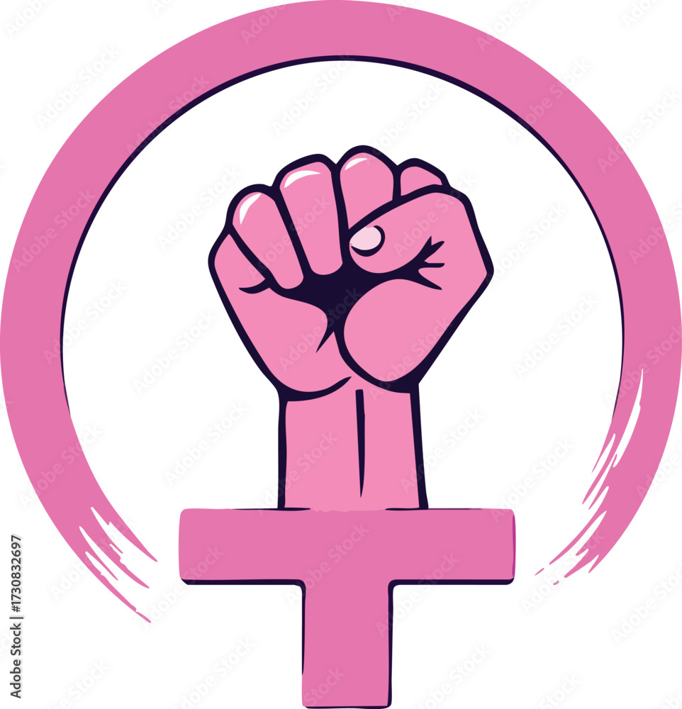 Obraz premium Feminist symbol vector with raised pink fist inside female gender icon for women’s empowerment, equality, and activism design