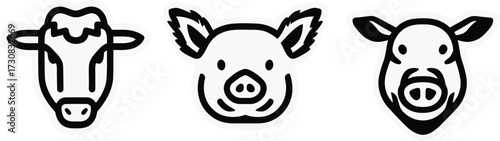 Minimalist Line Art Icons of Cow, Pig, and Boar Faces in a Clean Modern Style