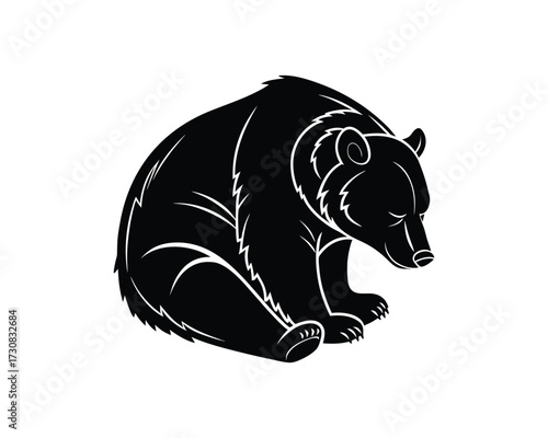 A black and white illustration of a bear sitting down with its head lowered, rendered in a scratchy, textured style