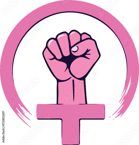 Feminist symbol vector with raised pink fist inside female gender icon for women’s empowerment, equality, and activism design
