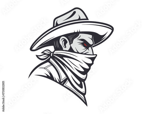 A stylized sketch of a cowboy's head in profile, wearing a wide-brimmed hat and a bandana covering his lower face, conveying a rugged, outlaw persona